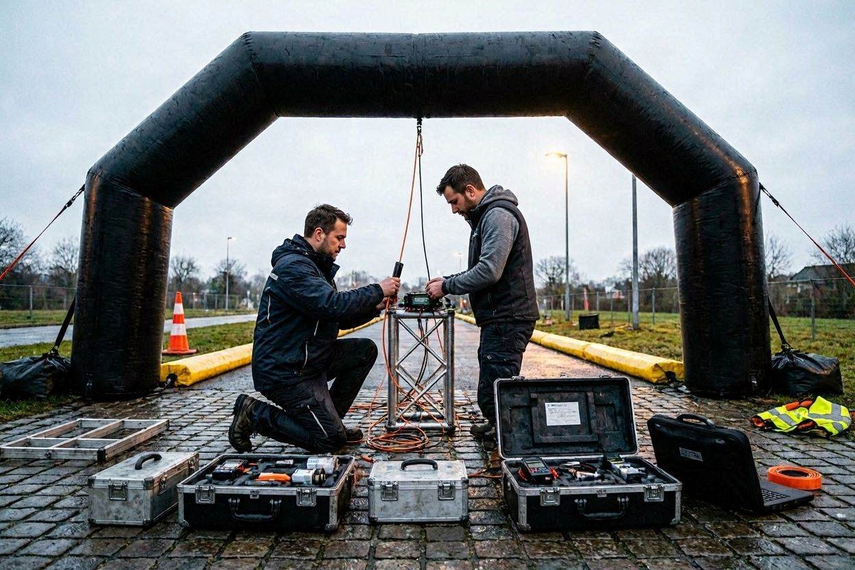 Equipo técnico de On Your Marks Co instalando cronometraje en sitio